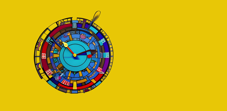 Surrealistic Colourful Clock on Yellow Background. Generative AI. 
