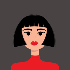 Portrait of woman. Brunette bob cut hairstyle. Avatar for social networks. Young girl face. Beautiful lady, female. Front view. Black hair. Red ipstick eyeshadow makeup. Flat design. Gray background.