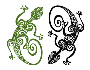 Set of stylized lizard. Collection of decorative silhouettes of reptiles. Vector illustration of scaly lizards. Lizard logo.Totem design. Tattoos.