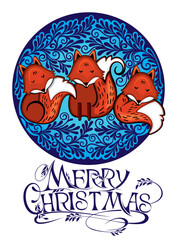 Greeting Christmas card .Vector illustration of a cute Foxes in a winter forest.