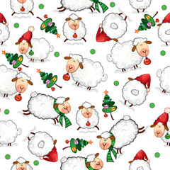 Funny Christmas Sheep Cartoon Character.Vector Illustration With Background