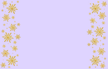 Fototapeta premium Winter lilac magenta saturated bright background with gold random snowflakes two sideways. Christmas, New Year card with copy space.