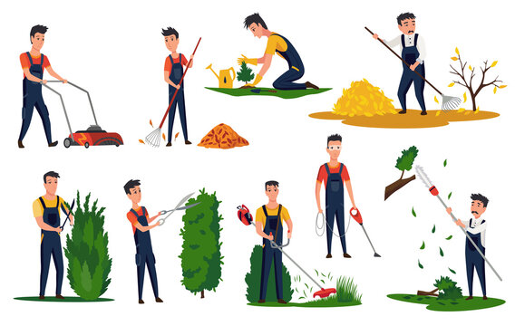 Professional gardeners with different tools and poses. Maintenance performing, plants and lawn care, pruning bush leaves. Man using garden machinery, equipment and tools