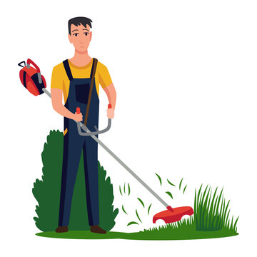 Professional gardener working on backyard and mowing lawn with electric mower. Male handyman cutting grass in garden. Colored flat cartoon  illustration of professional worker