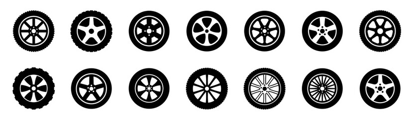 Black rubber wheel tire set. Wheel tires. Car tire tread tracks, motorcycle racing wheels and dirty tires track. Tyres road maintenance vector automobile. Auto wheel tyre. Vector illustration - obrazy, fototapety, plakaty