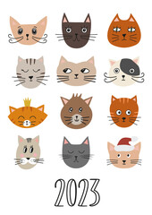 Calendar 2023 cover, Cat illustration cover for 2023, Symbol of 2023,  Calendar design 2023 New year symbol