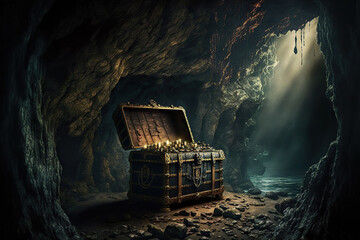 Pirate's chest with gold in a dark cave	