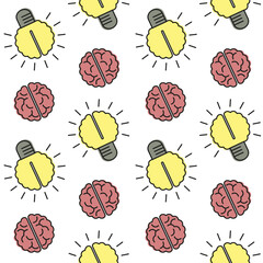 Seamless pattern with stylized electric bulbs and brains. Symbol of mental development, intellect, logical thinking and generating ideas. Illustration for printing on textiles, packaging.