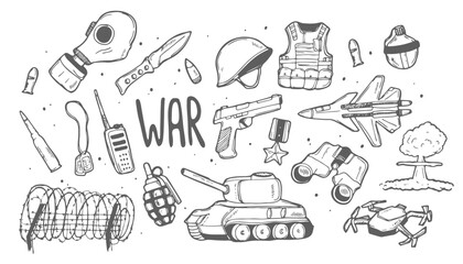 Doodle Military and War set. Sketch illustrations of War concept. Lineart isolated on white