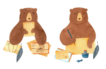 Mail Post - Postage set of mailing, sending letters, email, post office, envelopes, stamp, ink, feather, pencil, writing, scissors, cup, post box and seamless patterns, banner, frame, sticker