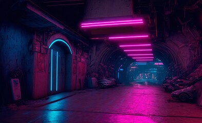 Generative AI illustration of the futuristic city in the style of cyberpunk. Empty street with neon lights. Beautiful night cityscape.