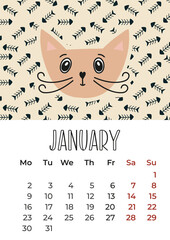 Calendar 2023, Symbol of 2023, Cat illustration for calendar, Wall calendar design 2023 year, Cute cats on background, Vertical layout, Week starts from Monday,  Cat and pattern calendar design.
