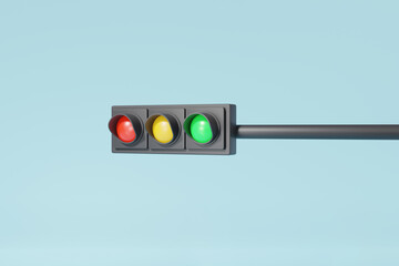 Signal traffic lights 3D icon on isolated pastel sky blue background. design warning safety street crossroads urban stoplight transport symbol three red yellow green colors 3d render illustration