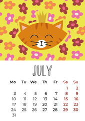 Fototapeta premium Calendar 2023, Symbol of 2023, Cat illustration for calendar, Wall calendar design 2023 year, Cute cats on background, Vertical layout, Week starts from Monday, Cat and pattern calendar design.
