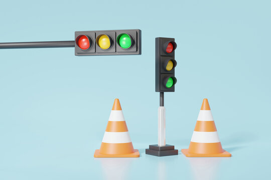 3D three red yellow green colors signal traffic lights with traffic cones isolated on pastel sky blue background. warning safety street crossroads stoplight transport symbol. 3d rendering illustration