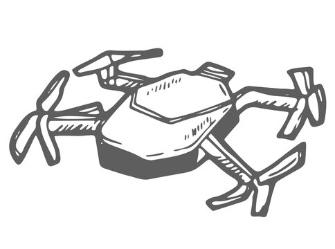 Modern air drone, remote control drone with camera isolated. Flat cartoon vector illustration. Hand drawn doodle. Outline