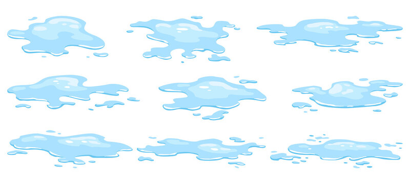 Water spill puddles set. Blue liquid various shape in flat cartoon style.  fluid design element isolted on white background