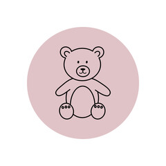 Cute teddy bear toy pink sticker. Simple illustration in style outline on a pink background.