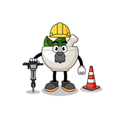 Character cartoon of herbal bowl working on road construction