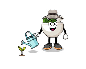 Illustration of herbal bowl cartoon watering the plant