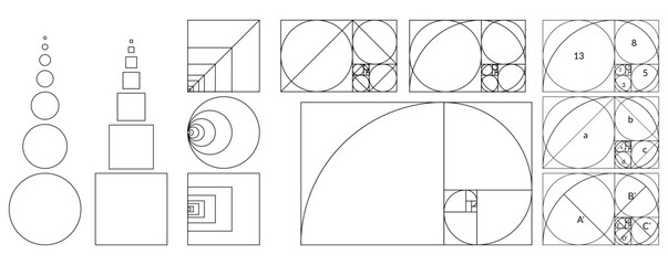 Golden ratio geometric concept set. Divine proportion collection. Geometric shapes with ideal section composition icons. Geometry harmony and balance vector illustration