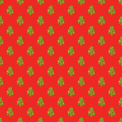 Seamless Pattern of Tasty Christmas Tree Butter Cookies on Red Background