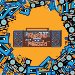 Old retro vintage square poster with music cassette tape recorder with magnetic tape babbin on reels and speakers from the 70s, 80s, 90s the background. Vector illustration