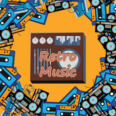 Old retro vintage square frame poster with audio music equipment vinyl dj board with sliders and cranks and buttons from the 70s, 80s, 90s against the background. Vector illustration