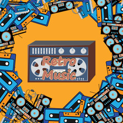 Fototapeta na wymiar Old retro vintage square poster with music cassette tape recorder with magnetic tape babbin on reels and speakers from the 70s, 80s, 90s the background. Vector illustration