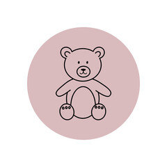 Cute teddy bear toy pink sticker. Simple vector illustration in style outline on a pink background.