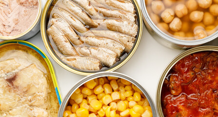 Donations and help, canned food, close-up.