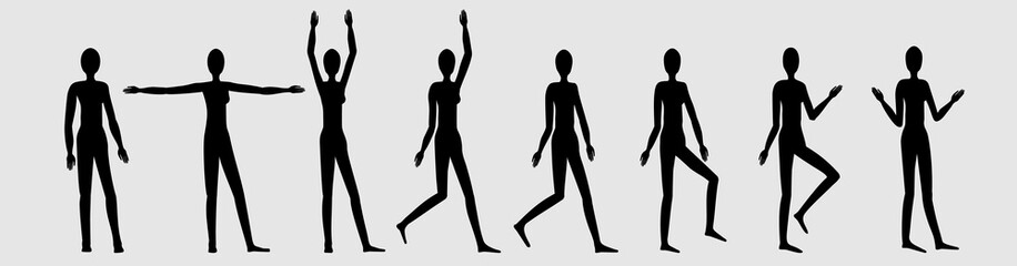 Silhouette of a female figure in different poses, set of 1, standing figure , different positions of legs and arms, manequin suitable for clothing designs