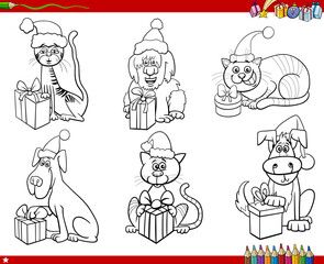 cartoon dogs and cats with Christmas gifts set coloring page