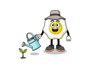 Illustration of fried egg cartoon watering the plant