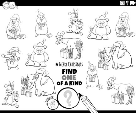one of a kind game with animal on Christmas coloring page