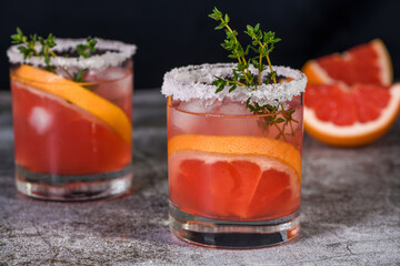 Pink pamola with red grapefruit and tequila. The red grapefruit adds the perfect amount of sweetness, and the vibrant color of the juice makes this a great cocktail. Organic vegetarian drink.