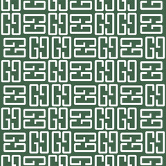 Vector seamless texture with white geometric ornament of letters on a green isolated background. Vector texture with white lettering ornament. White letters, v,p,r,n,t,l,d, on a green isolated backgro