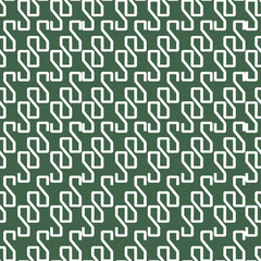 Vector seamless texture with white geometric ornament of letters on a green isolated background. Vector texture with white lettering ornament. White letters, v,p,r,n,t,l,d, on a green isolated backgro