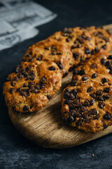 chocolate chip cookies on a dark background