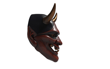 japanese red demon mask with golden horns on white background