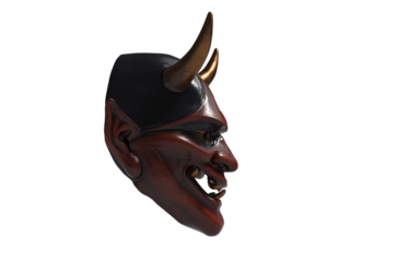 japanese red demon mask with golden horns on white background