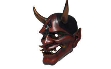 japanese red demon mask with golden horns on white background