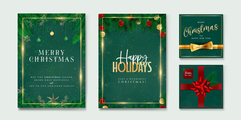 Set of Christmas and Happy New Year greeting card. 2023 Xmas design with typography and overlay elements in green background. Vector poster, flyer, brochure, banner, cover, social media template