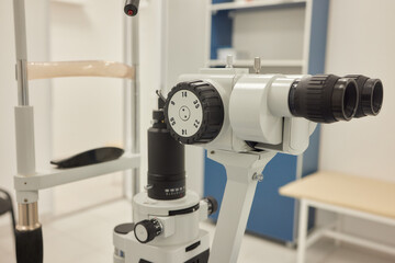 Slit lamp. Biomicroscope. Binoculars. Ophthalmic equipment.. Close up, selective focus. Health care...
