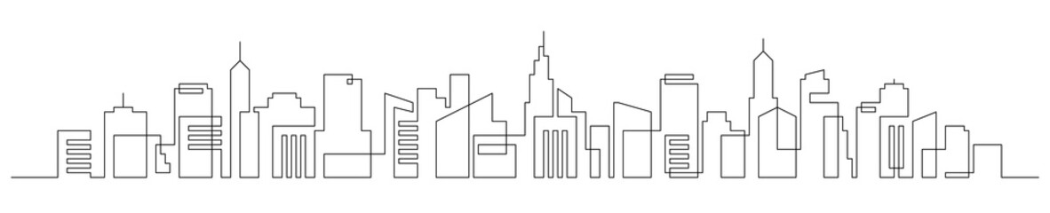 Continuous line city building. One single outline cityscape continuous construction. Editable stroke building background. Vector illustration. © Polina Tomtosova