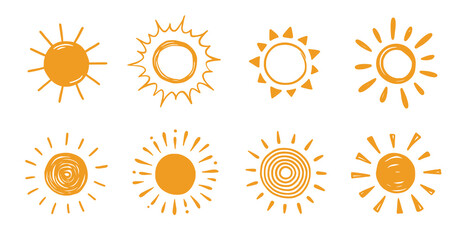 Doodle sun sketch illustration. Hand drawn cute orange sun set. Scribble doodle children drawn style. Vector illustration