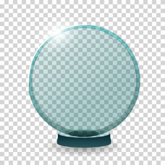 Glass trophy award. 3D winner prize from transparent material. Achievement glass for winner championship. Realistic icon of challenge prize. Crystal form on stand