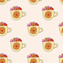 Groovy seamless pattern of daisy flower. Hippie retro background. 70s style wallpaper with flowers