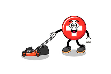 switzerland illustration cartoon holding lawn mower