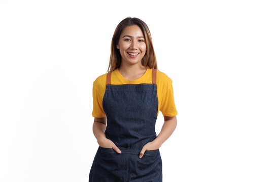 Smiling female asian people wearing apron working in a bakery coffee shop owner isolated on white background.